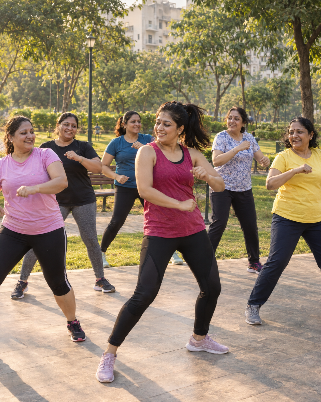 Women moving together during an outdoor Zumba class